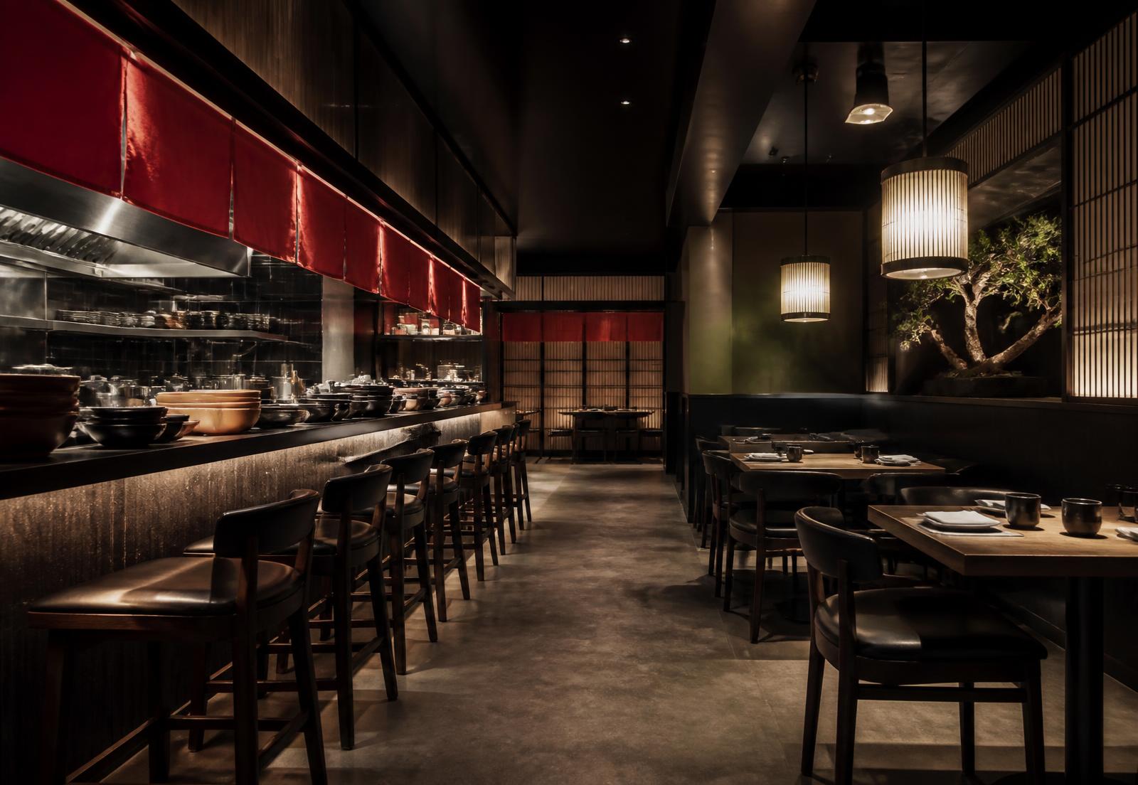 Warm contemporary Japanese ramen restaurant interior